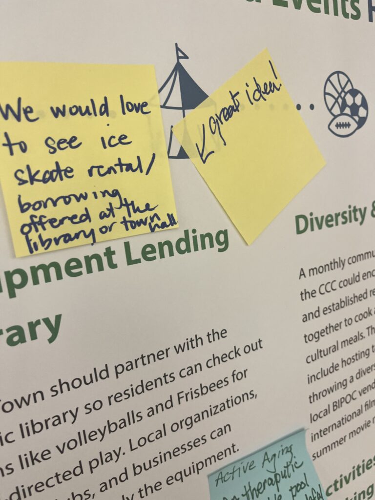 Sticky note ideas on an equipment lending board