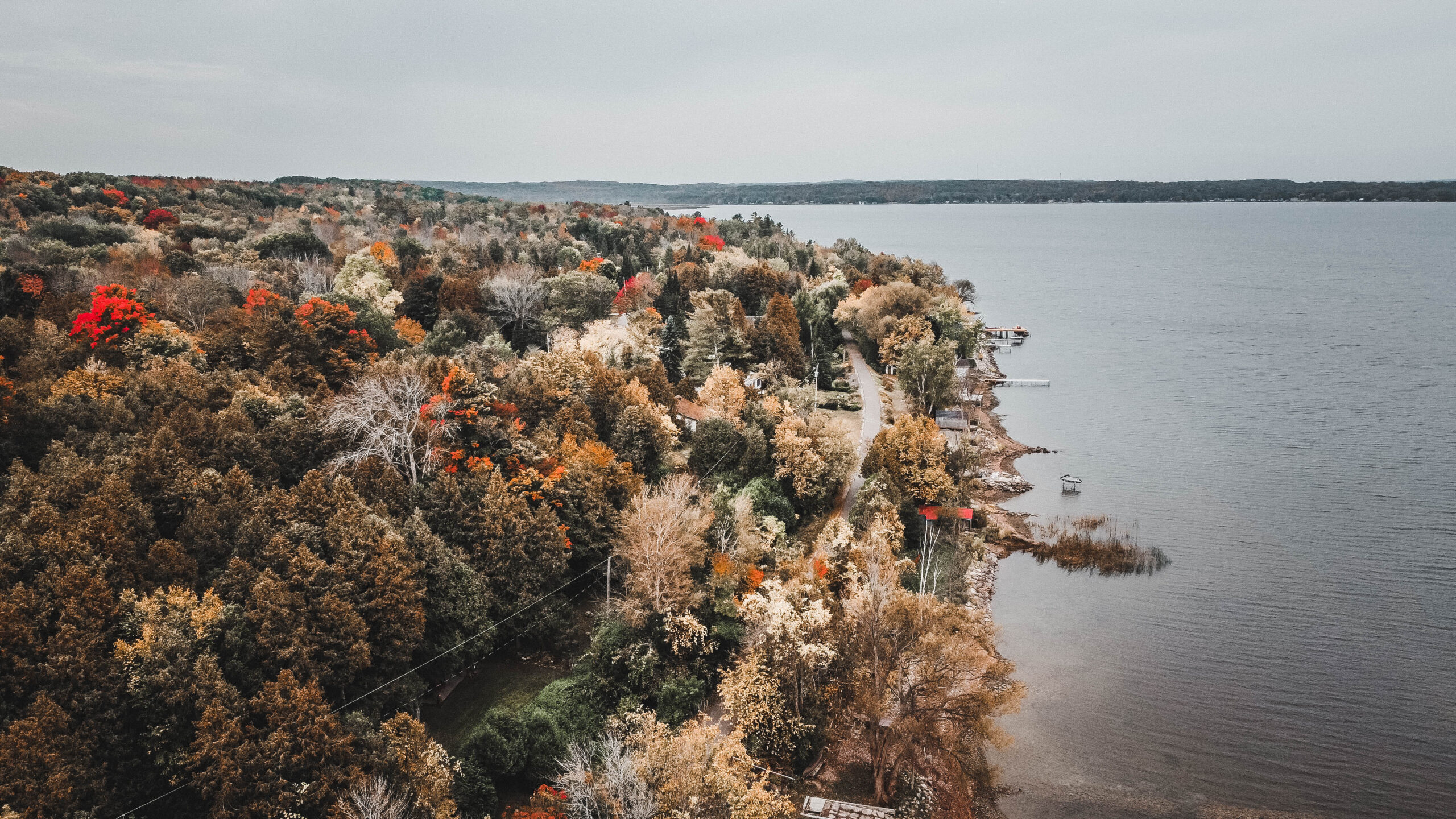 Aerial view of the autumn shoreline of Georgian Bay in Tay Township