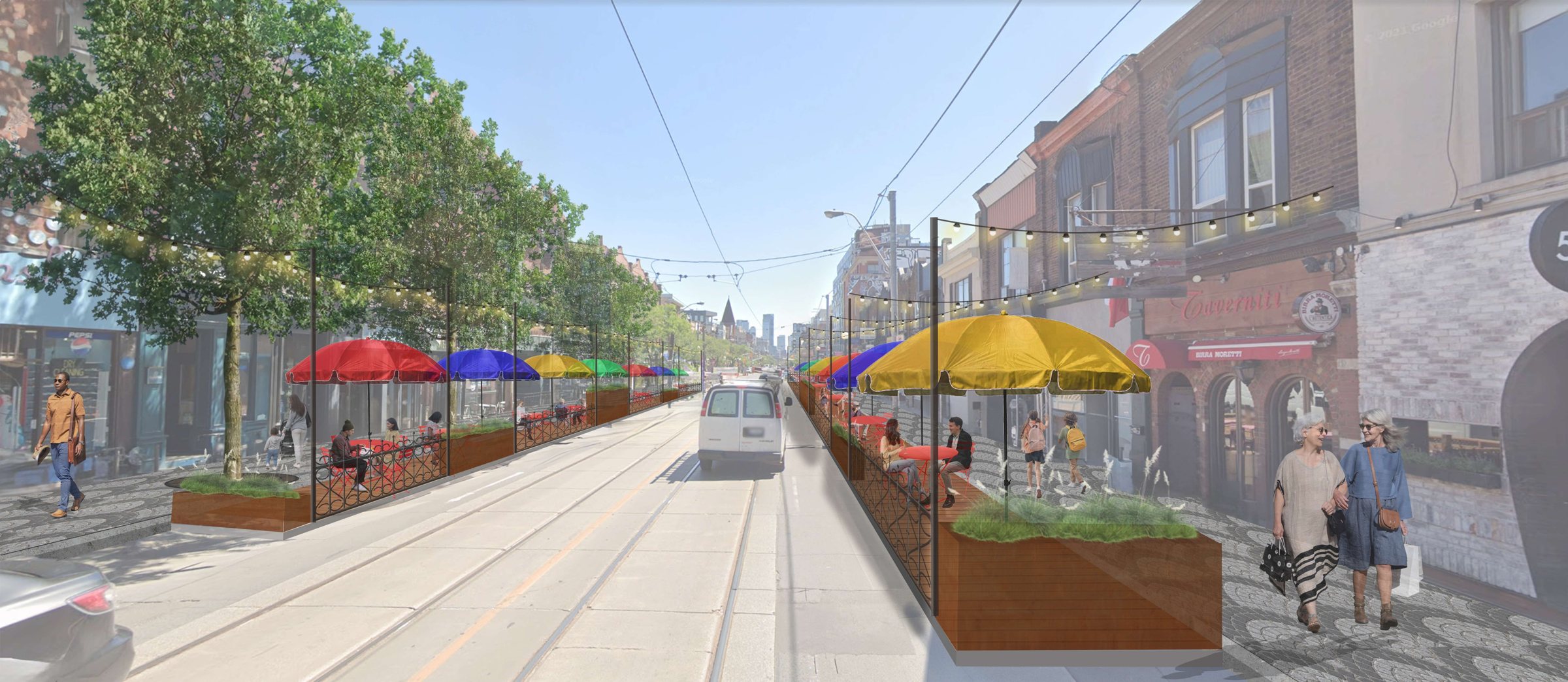 Rendering of College Street in Little Italy with parklet patios, umbrellas and string lights
