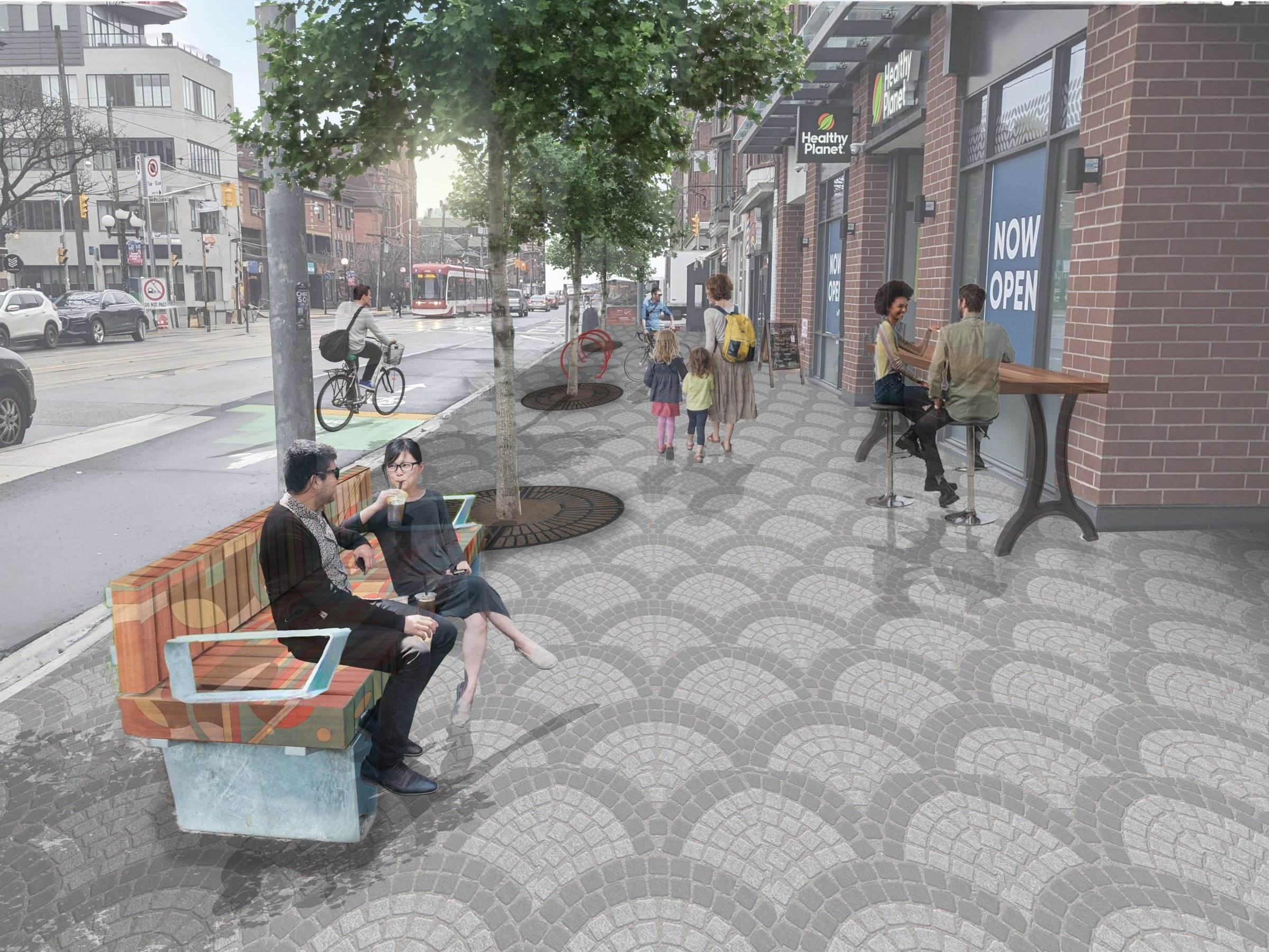 Rendering of a Little Italy sidewalk with patterned paving, a colourful bench and street trees
